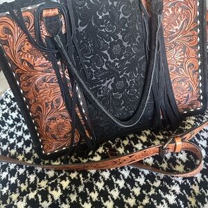 Elegant Black and Brown Floral Embossed Women's Bag
